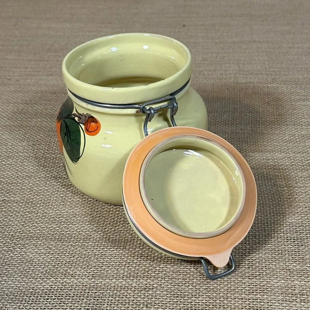 Stoneware Canister Yellow Pottery Wire Bale Fruit‎ Orange Leaf Signed Italy VTG